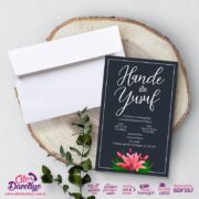 Kırmızı Çiçekli Lacivert Davetiye